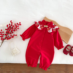 Baby clothes spring and autumn red festive onesies newborn baby clothes hundred days full moon dress baby crawling clothes cotton