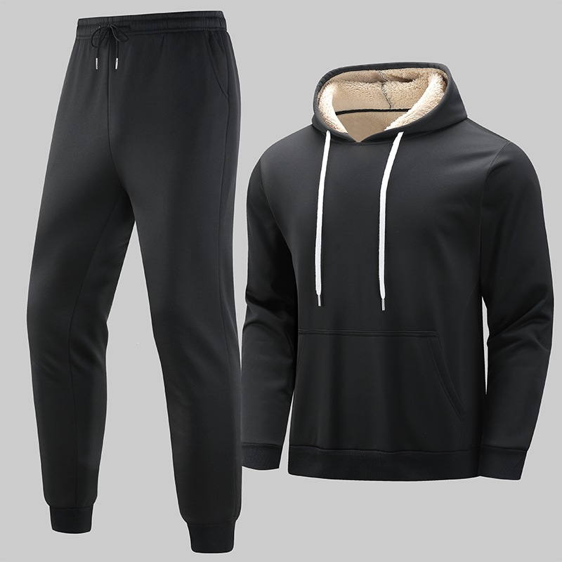 New cross-border fleece-lined sweatshirt and sweatpants set, men's European size, American style, lamb wool casual sportswear, two-piece set, wholesale