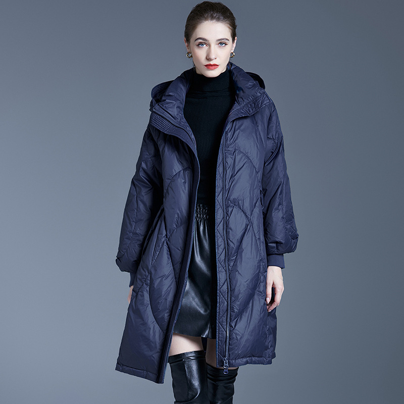 欧美羽绒服女中长款2025年新款连帽加厚宽松时尚白鸭绒羽绒外套潮