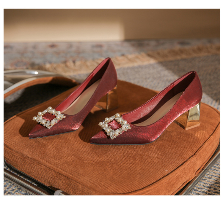 Giày cưới mũi nhọn gót thô cao 9 cm, miệng nông, phong cách cổ điển — Màu đỏ rượu chi tiết 23