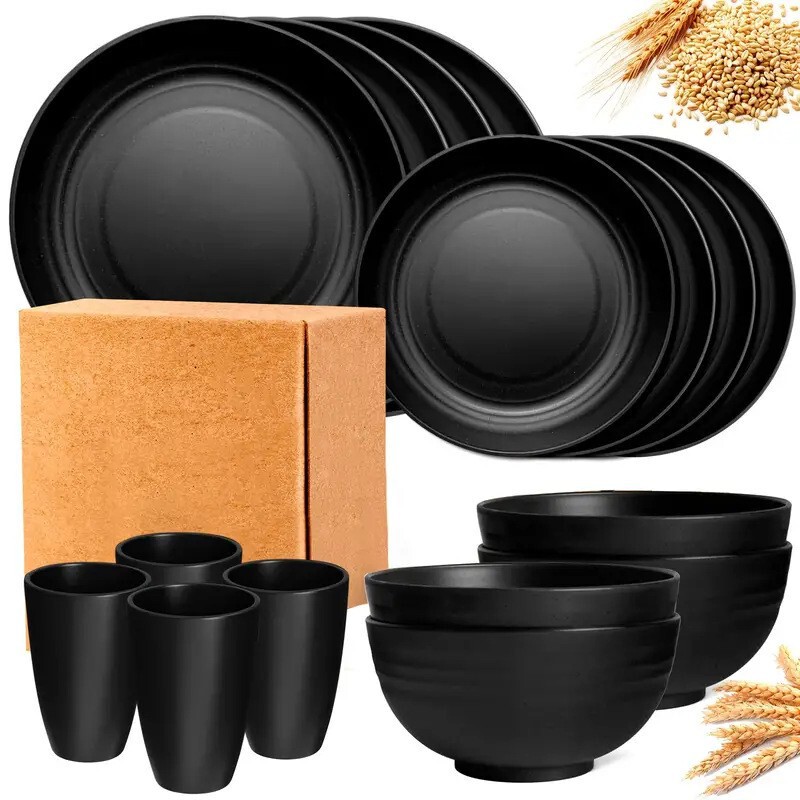 Cross-border Amazon Hot Selling Black Wheat Straw Tableware suit 16-piece Plastic Dishes and Plates for Labeling