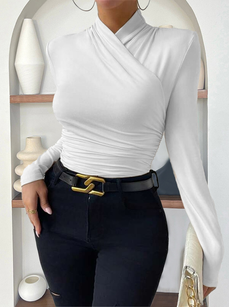 Elegant Women's Cross-Neck Slim-Fit T-Shirt Tuck Detail Versatile Autumn Winter Wardrobe Staple Fashion Top for Ladies_ecoleips.com