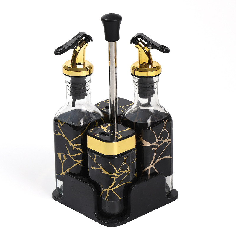 Juego de cuatro piezas de olla de aceite, botella de condimento negro, juego de caja de condimento de cocina de vidrio, pimienta doméstica, botella de sal, olla de aceite sellada