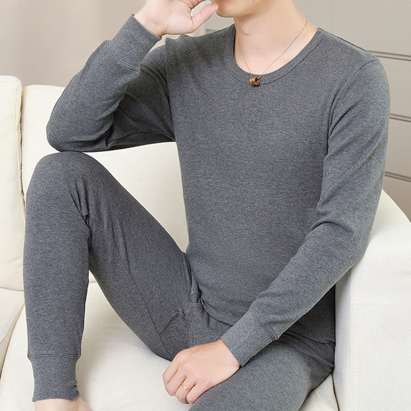 New Cotton Autumn and Winter Autumn Clothes and Pants suit Men's Casual Thermal Underwear Thin Medium Teenagers Solid Color Set