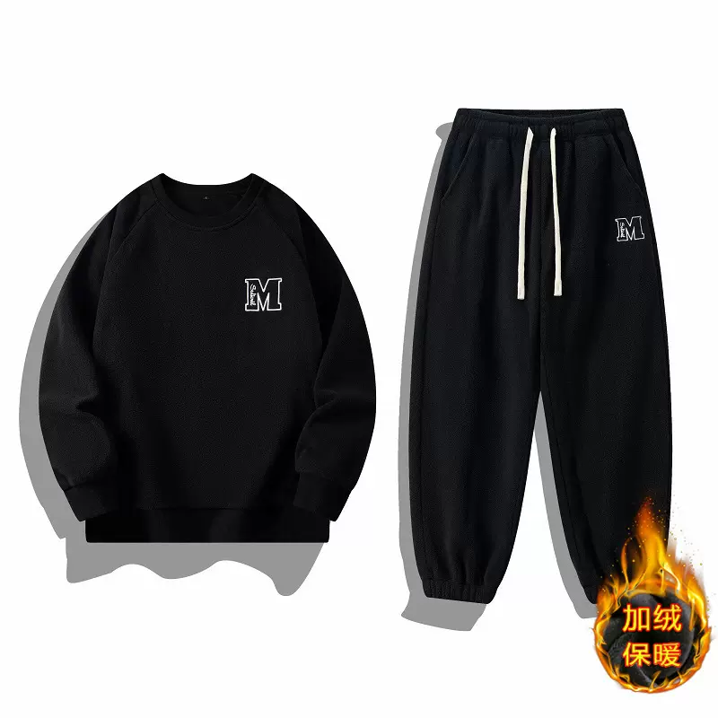 加绒加厚宽松卫衣休闲套装男秋冬季潮牌情侣百搭保暖运动套装潮流