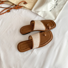 秒發！蘇茵茵同款鞋方頭套趾草編拼接沙灘平底拖鞋女涼拖外穿