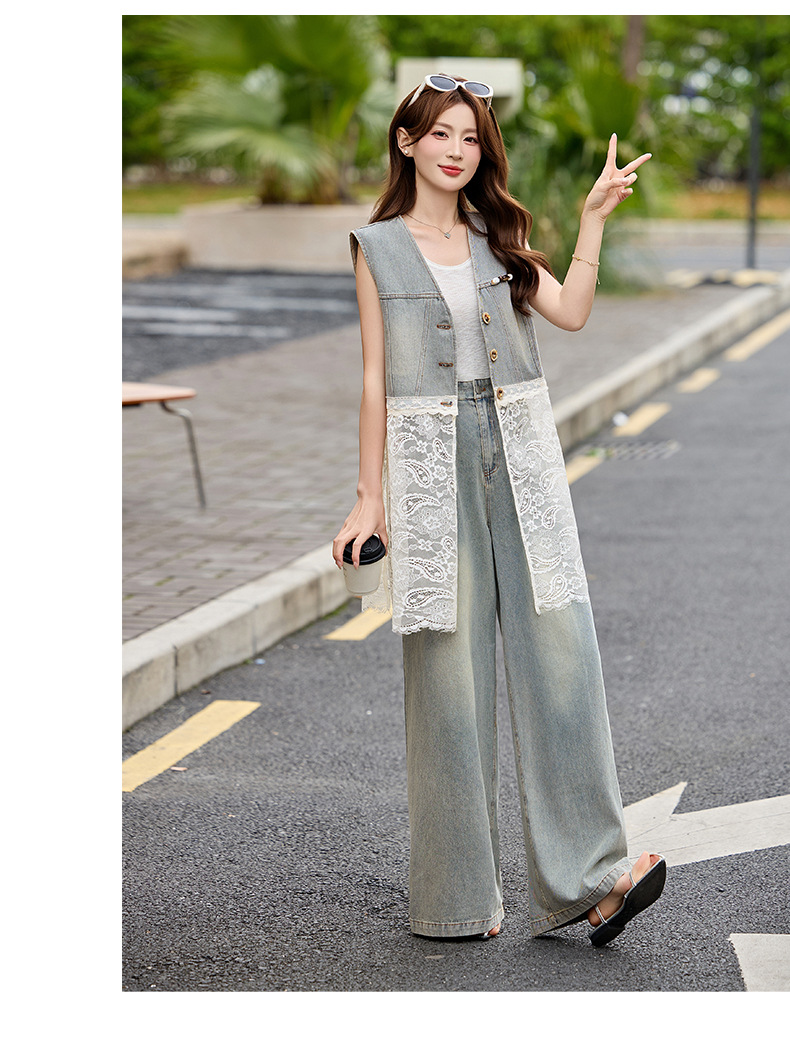 Bộ quần áo denim nữ gồm áo vest không tay và quần ống rộng AH8620 — Màu ảnh chi tiết 19