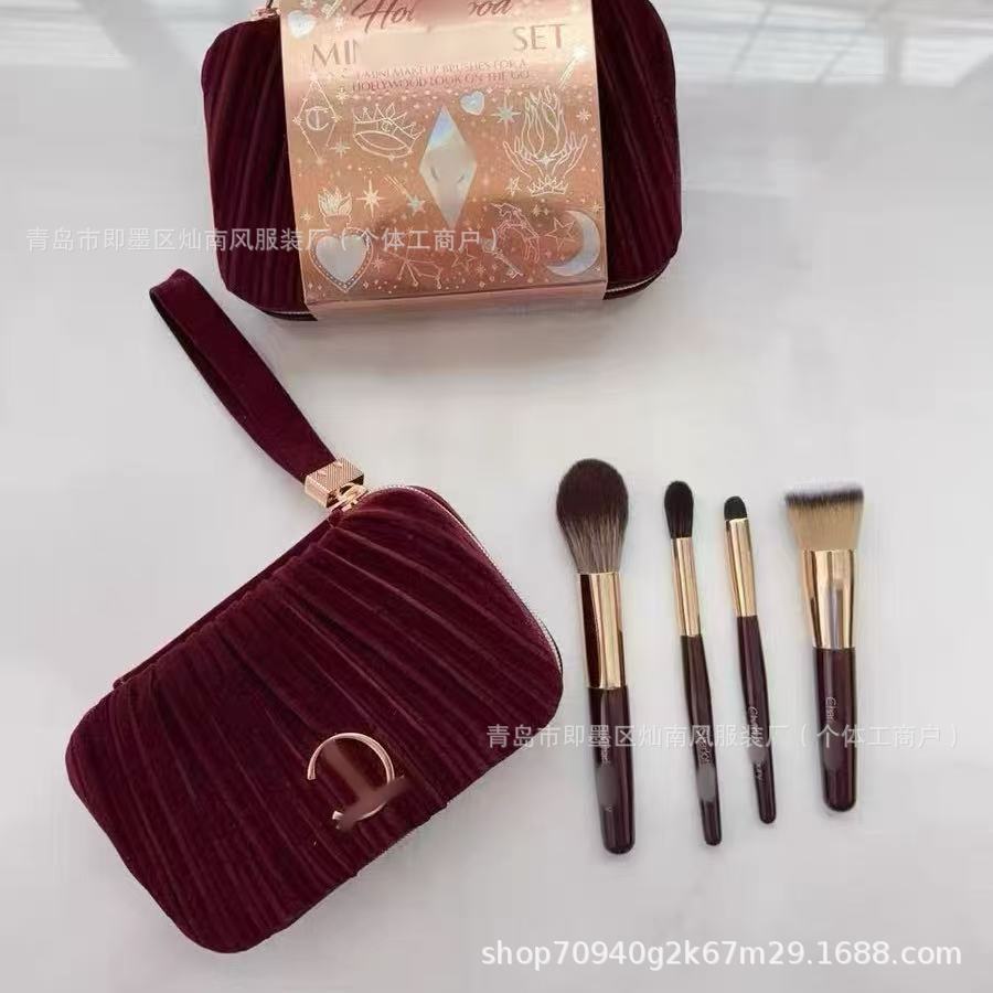 Güzgülü məxmər kosmetik çanta və mini makiyaj fırçaları dəsti
