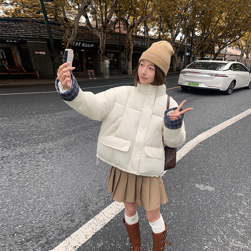 2025 invierno simple coreano empalme cuadrícula manga de cuello de plumón damas chaqueta corta chaqueta de pan chaqueta superior image 3