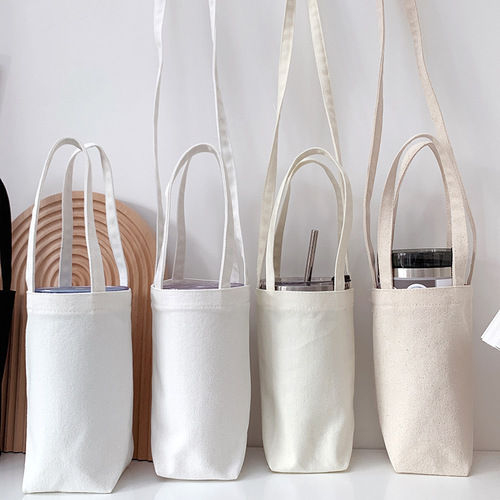 Diagonal canvas water cup bag, hand-held glass thermos cup cover, protective cover, simple handheld small bag