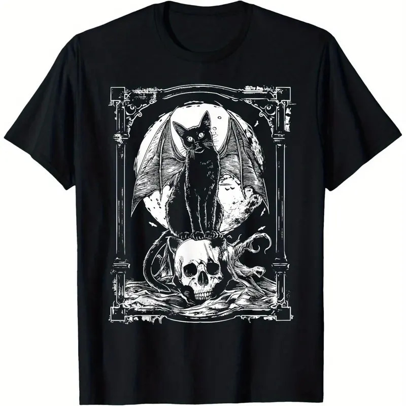 European Size Pure Cotton Vintage Distressed Dark Cat Skull Print T-Shirt Street Style Black Casual Round Neck Short Sleeve