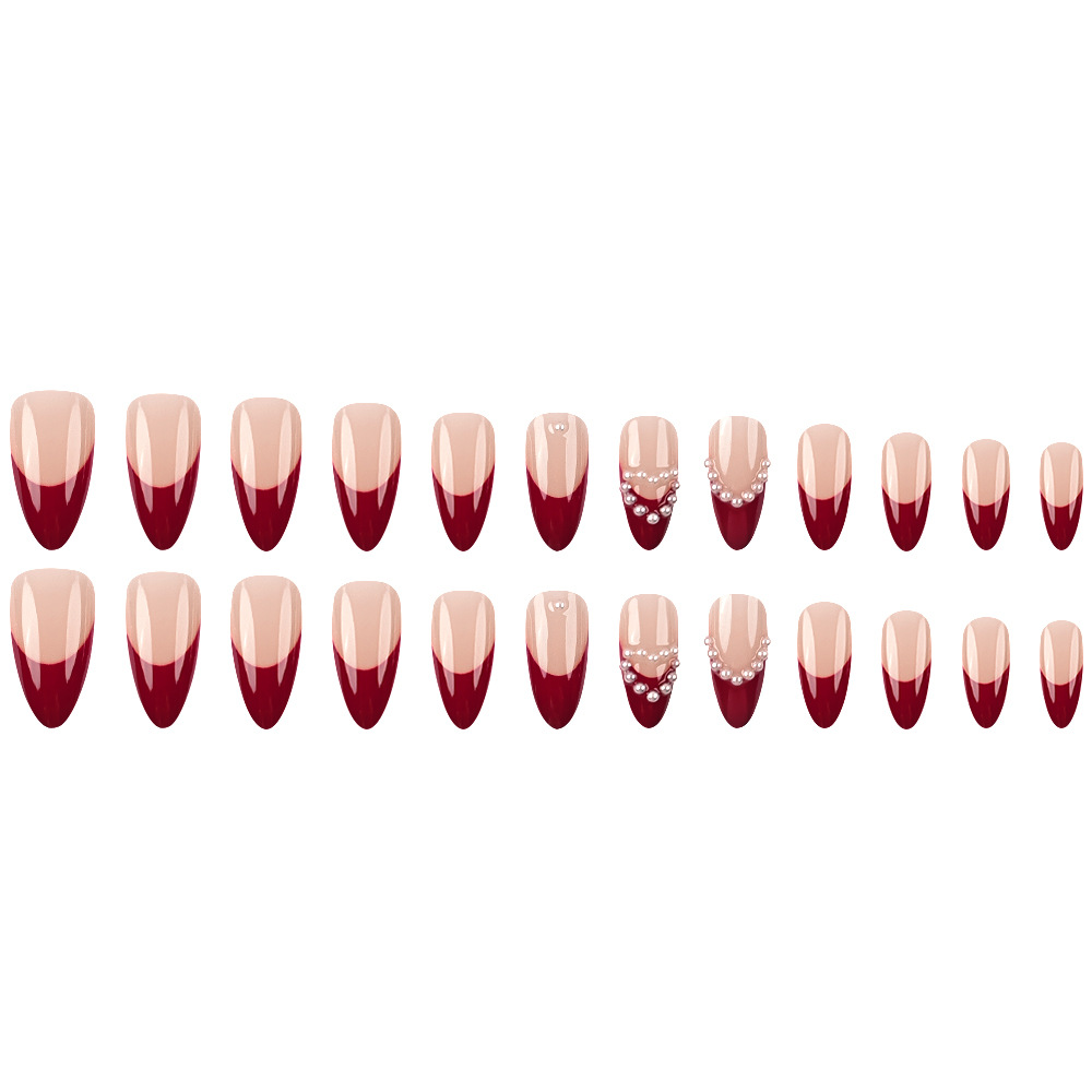 Parche de uñas de almendras francés transfronterizo, color rojo vino, textura blanca, perlas de uñas decoradas elegante.