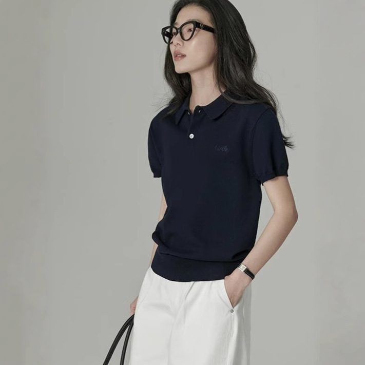 2026 Summer New Style Gray Polo Lapel Shirt, Versatile and Stylish, Retro Ice Silk Knit Short-Sleeve Women's Outerwear for Commuting
