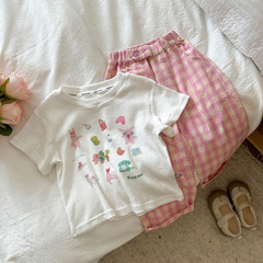 2024 Spring New Girls' Cartoon Short-Sleeve T-Shirt Cute Cartoon Print Summer Short-Sleeve Top Striped Pants Set