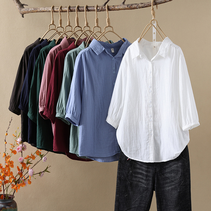 Summer New Arrival Mid-Sleeve Shirt Artistic Double-Layer Cotton Yarn Solid Color Lapel Top Loose Slim Shirt 6602 Summer New Arrival Mid-Sleeve Shirt Artistic Double-Layer Cotton Yarn Solid Color Lapel Top Loose Slim Shirt 6602