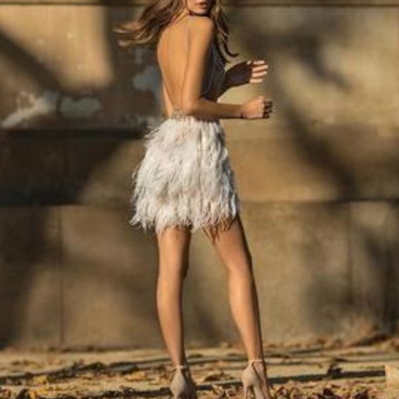 INS otoño y invierno nuevo comercio exterior europeo y americano Amazon string V-collar pluma vestido de mujer sexy vestido de fiesta