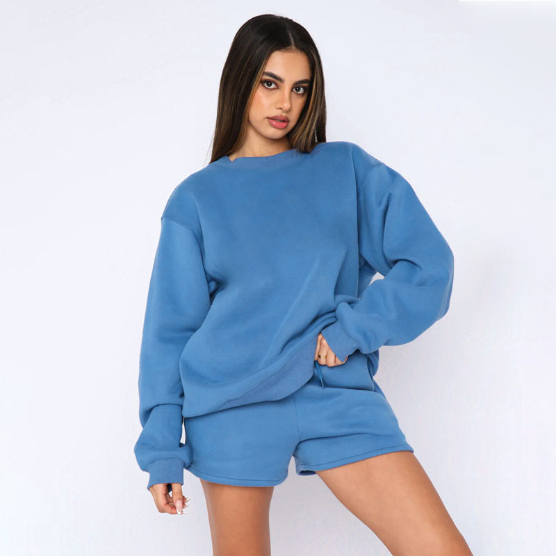 Einfarbiger Pullover, Rundhalsausschnitt, Langarm, modisches, lässiges Shorts-Set_voghion.com