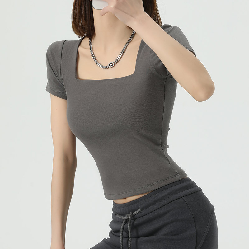 Cuello cuadrado francés, hombros rectos, gris fino, manga corta, verano puro, dulce y picante, camisa de fondo, camiseta fina, blusa interior