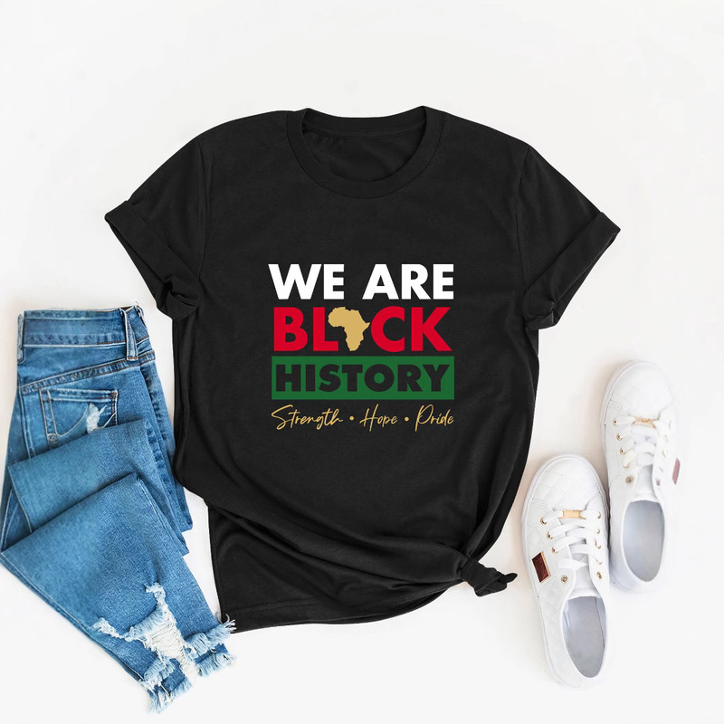 Cross-Border New Summer Letter Print We Are Bl Ck Pattern Casual Short-Sleeved T-Shirt with Colorful Letters Amazon