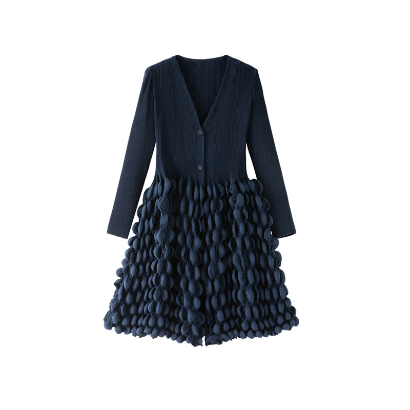 Miyake's Niche Design, Solid Color Bubble Pleated Long-Sleeved Jacket, Elegant and Slimming Mid-Length Style for Women, New Spring Style