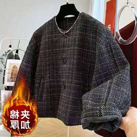 韩系小个子粗花呢加厚秋冬新款毛呢短外套宽松气质减龄大衣夹克潮
