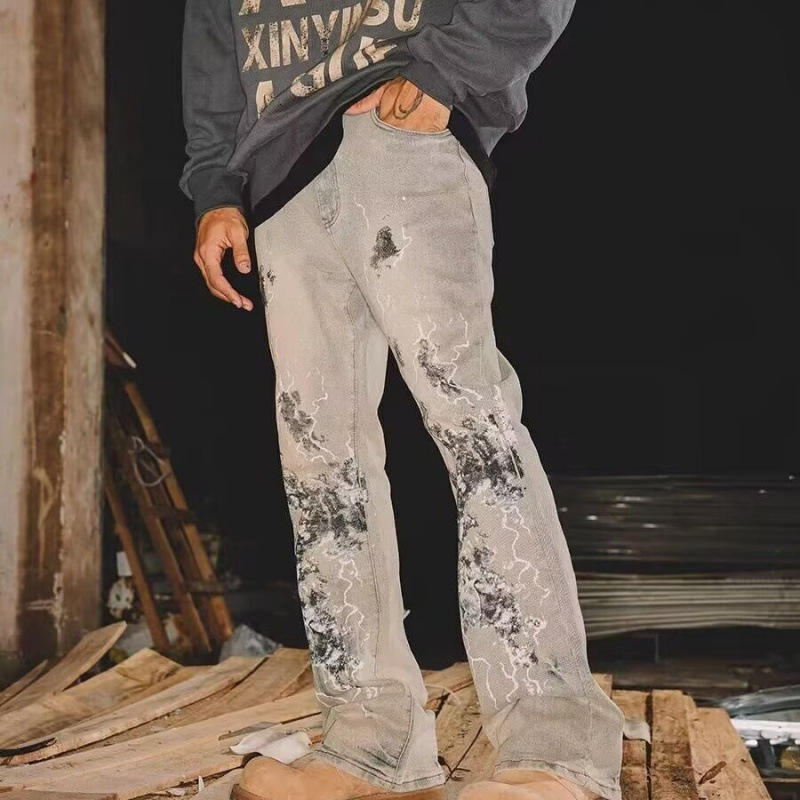 Amerikanische Micro-Pull-Jeans für Herren, bestickt, gerader Schnitt, trendige Marke, High Street, Graffiti-Trend, Retro-Freizeithose, Herren-Persönlichkeitstrend_voghion.com