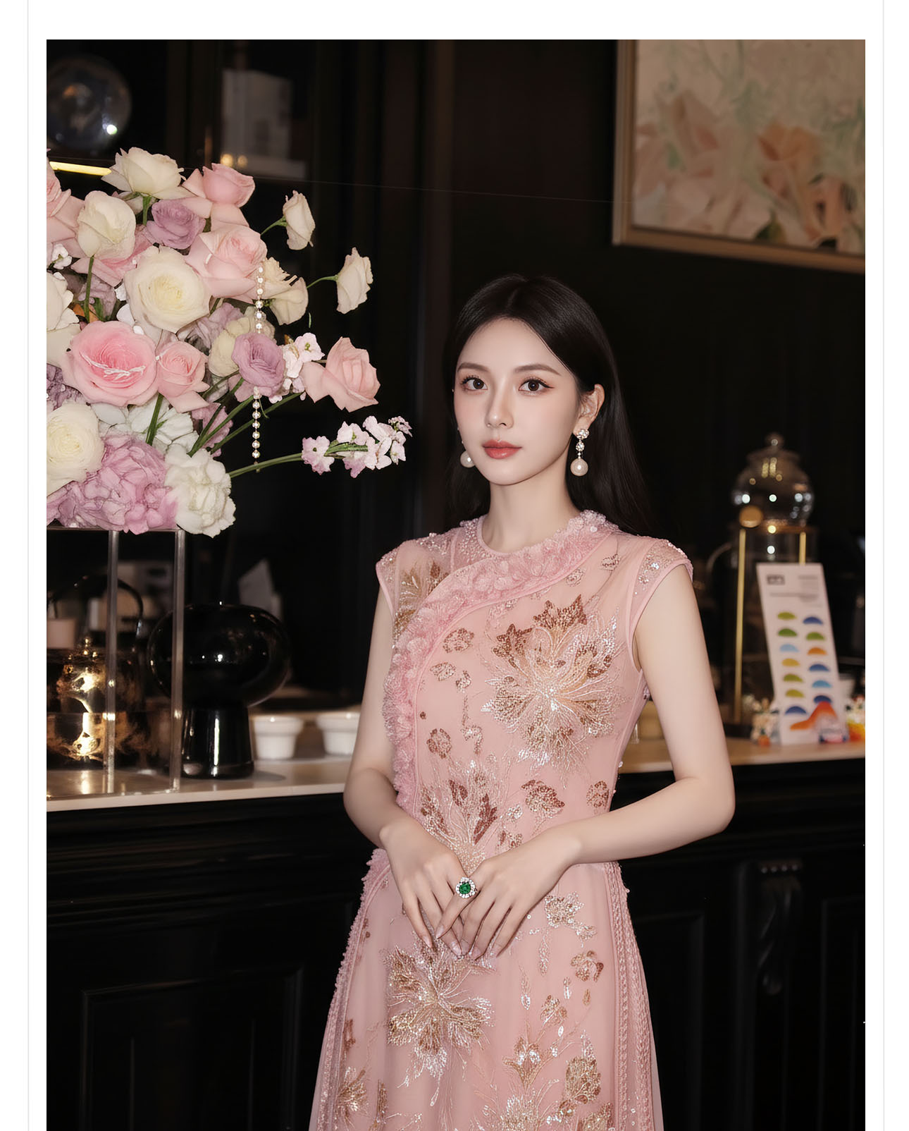 Đầm maxi nữ thắt eo thiết kế hoa nổi thêu ren cao cấp — màu hồng chi tiết 2