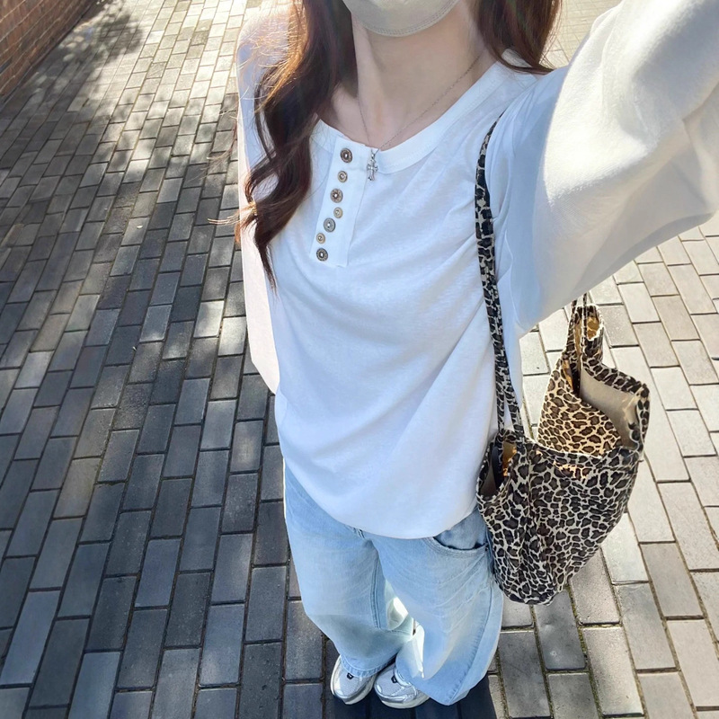 Ashenonline Cookie Irregular Button Blouse Top Women's Curly Design Long Sleeve Casual T-Shirt Ashenonline Cookie Irregular Button Blouse Top Women's Curly Design Long Sleeve Casual T-Shirt