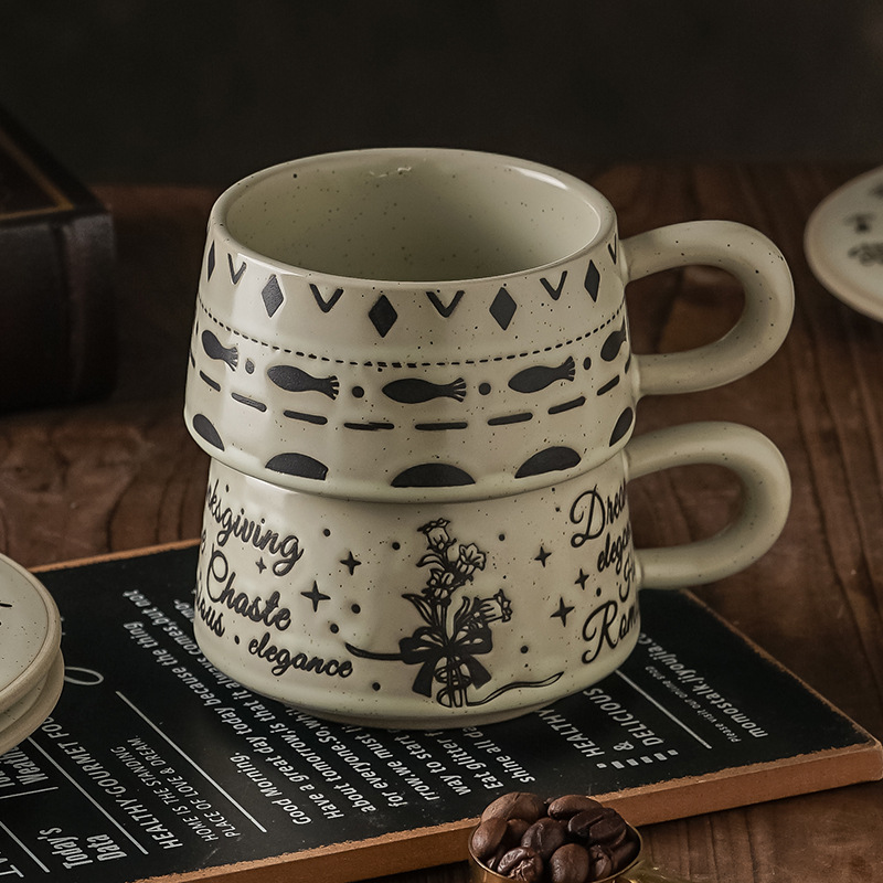 Ins taza de café elegante plato conjunto de taza de cerámica rugosa retró marca taza de latte taza de cerámica de alto valor facial