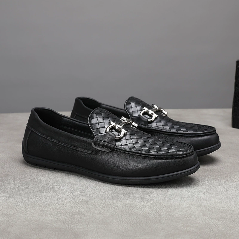 Летняя мужская деловая повседневная обувь из тканой кожи в новом стиле, дышащая впитывающая пот мягкая подошва, ленивая обувь без шнуровки с мягким верхом