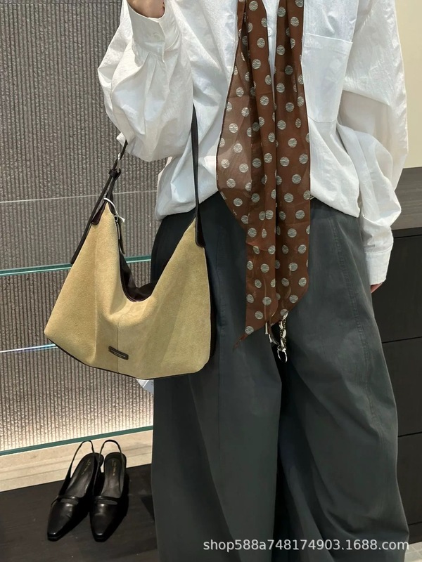 磨砂真皮单肩包腋下hobo包包女大容量慵懒松弛感托特包麂皮斜挎包|undefined