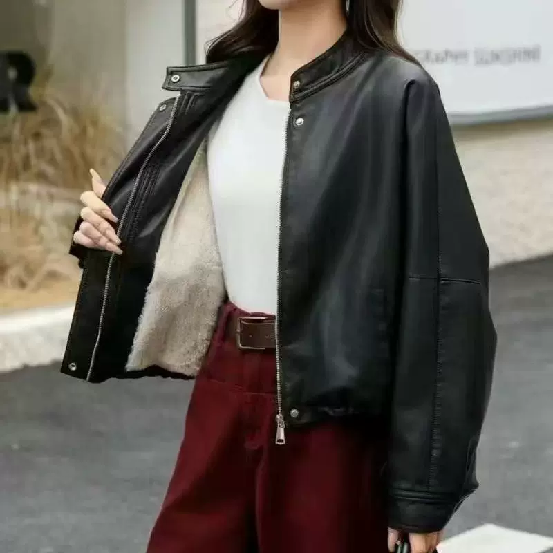 33615#加厚冬季新款韩版短款皮衣外套女休闲加绒水洗蛋白皮夹克