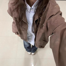 美式皮衣外套女春秋季复古高街翻领百搭学生宽松情侣夹克棒球服潮