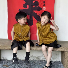 2025新中国式古風唐装馬甲セット子供夏洋気兄妹装ベストズボン2点セット薄い