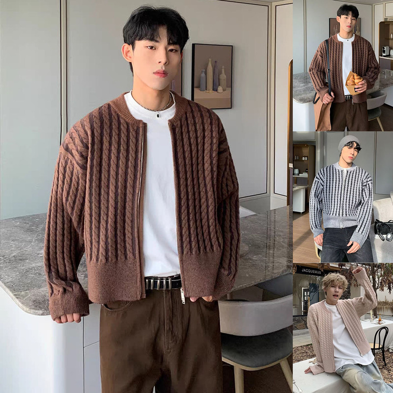 Autumn and Winter New Knitted Sweater Men's Cardigan Jacket Short Stylish Twisted Stripe Foreign Trade Cross-Border Wholesale