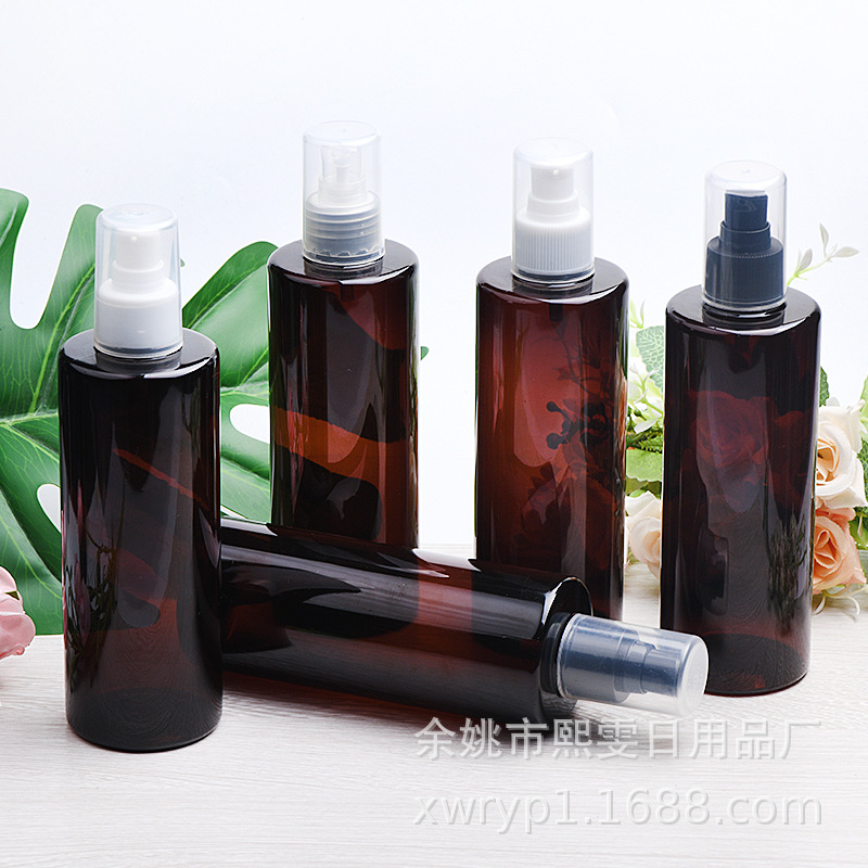 300ml平肩棕配24口全罩鸟嘴粉泵pp乳液身体乳护肤空瓶pet空瓶批发