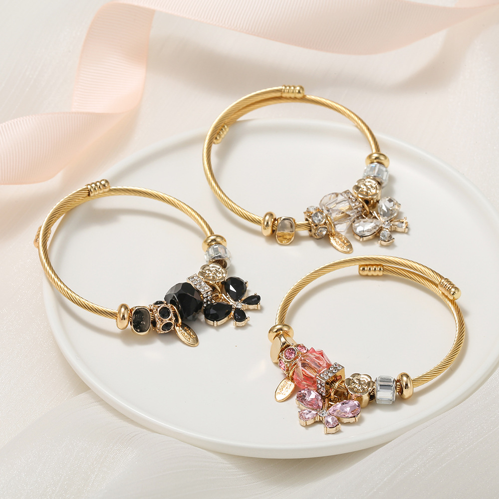 Sweet Letter Flower Butterfly Stainless Steel Alloy Inlay Artificial Diamond Resin Bangle