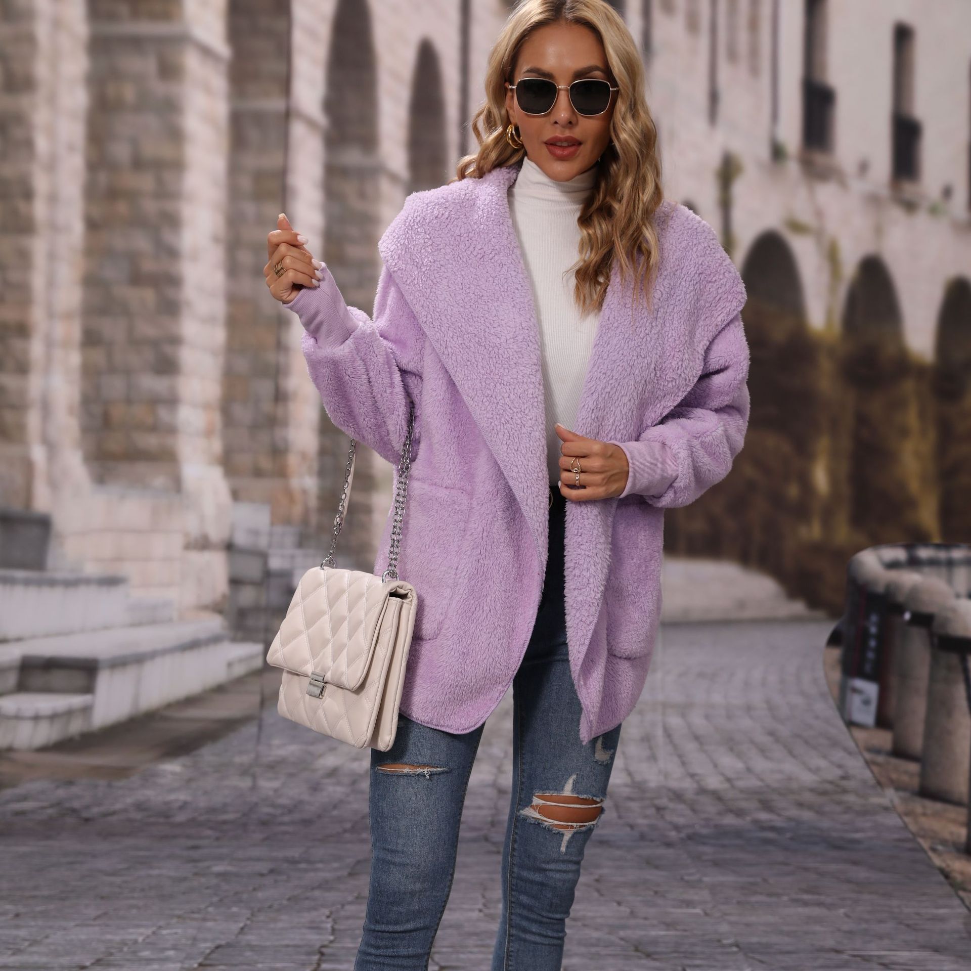 Flash Fleece Cross-border European and American Fashion Autumn Women's Hooded Long-sleeved Loose Mid-length Unbuttoned Double-sided Fleece Casual Cardigan