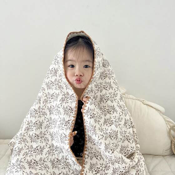 Ins South Korea Wrinkled Yarn Cloth Blanket Three-layer Yarn Cover Blanket Little Red Book Baby Floral Push Car Blanket Lunch Break Blanket