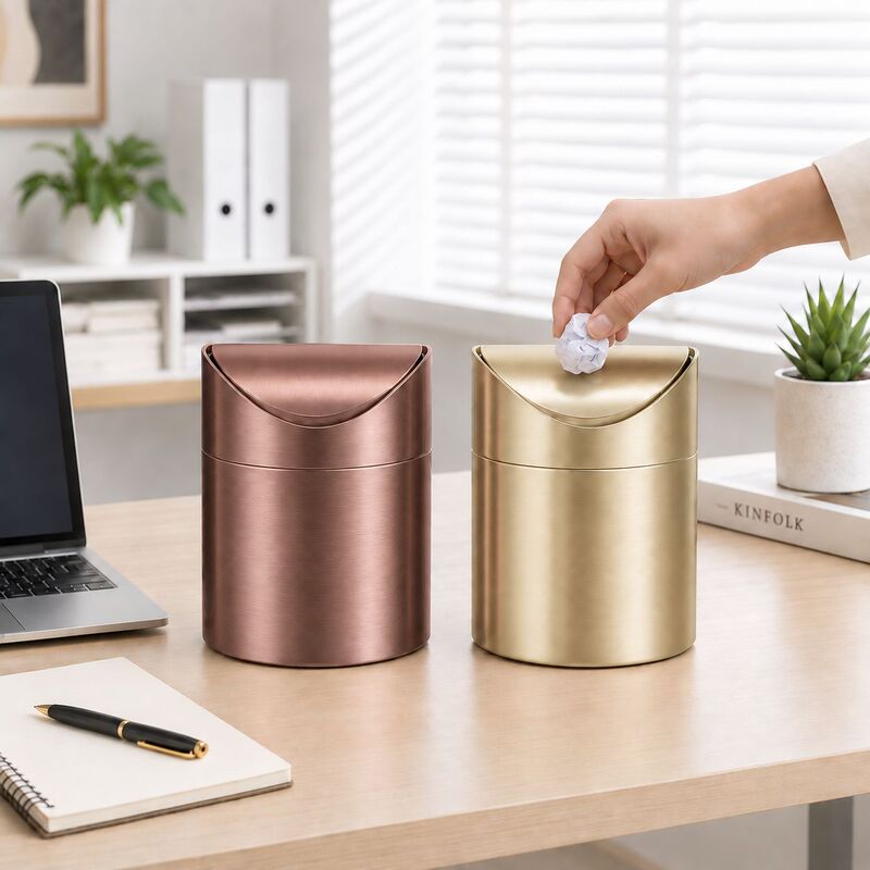 304 Stainless Steel Countertop Trash Bin Golden Light Luxury High-end Waste Paper Tube with Lid Mini Desktop Office Trash Bin