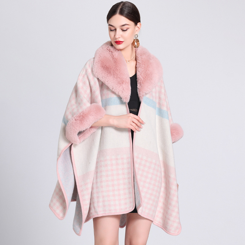 Woolen collar plaid cape cape loose jacquard knitted cardigan large size woolen coat for women_voghion.com