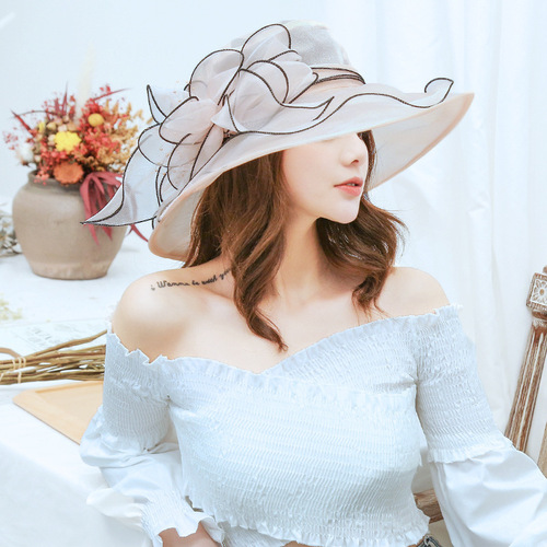 Summer Large Brim Mesh Hat for Girls, European and American Style Organza Outdoors Beach Hat, Travel Sun Hat Cooling Hat