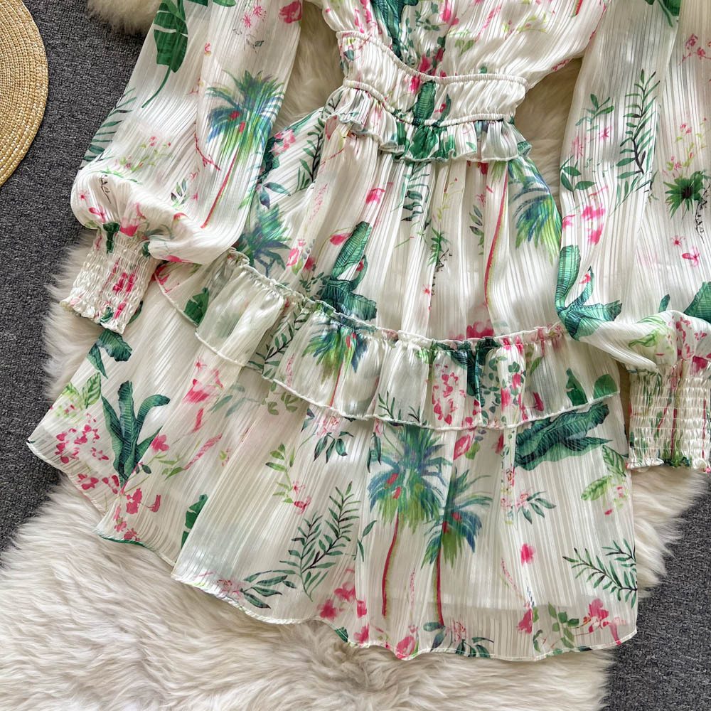 2022 Spring And Summer New V-neck Dress Printing Large Puff Sleeves Ruffles Loose And Thin Fairy Skirt