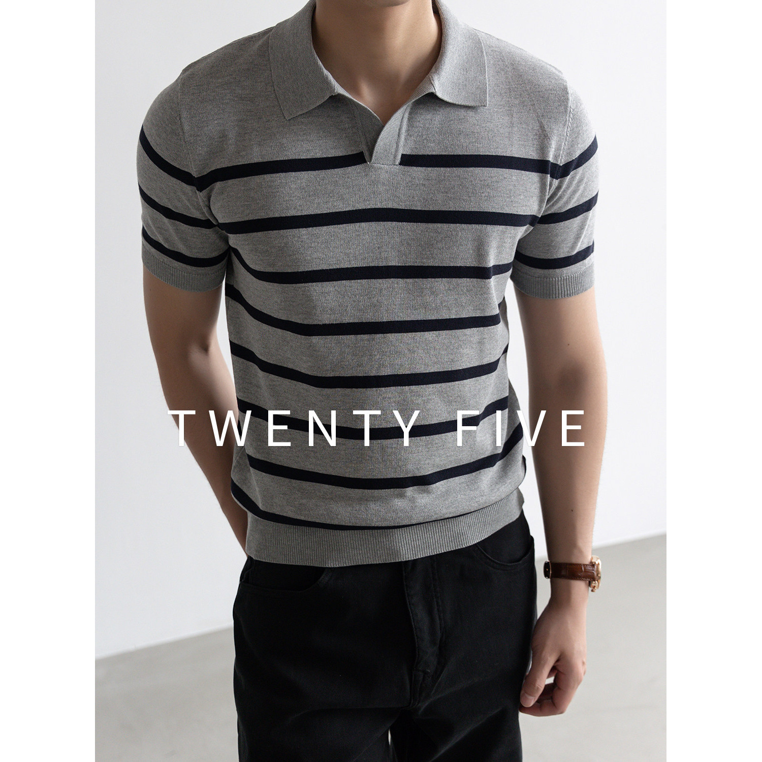 Polo camiseta de punto camiseta de manga corta camiseta de hombre cuello en V gaviota cuello rayas viejas líneas de viento de verano fábrica transfronteriza mayorista