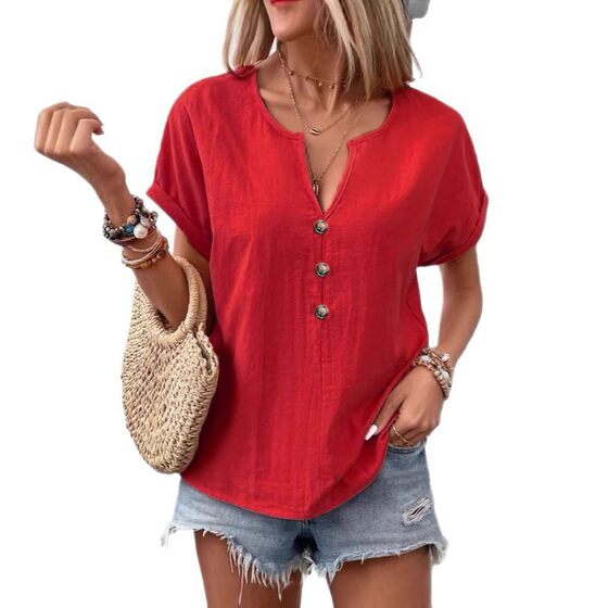 2025 Summer New European and American Independent Station AliExpress Amazon Women's Button V-Neck Short Sleeve T-Shirt Top Women