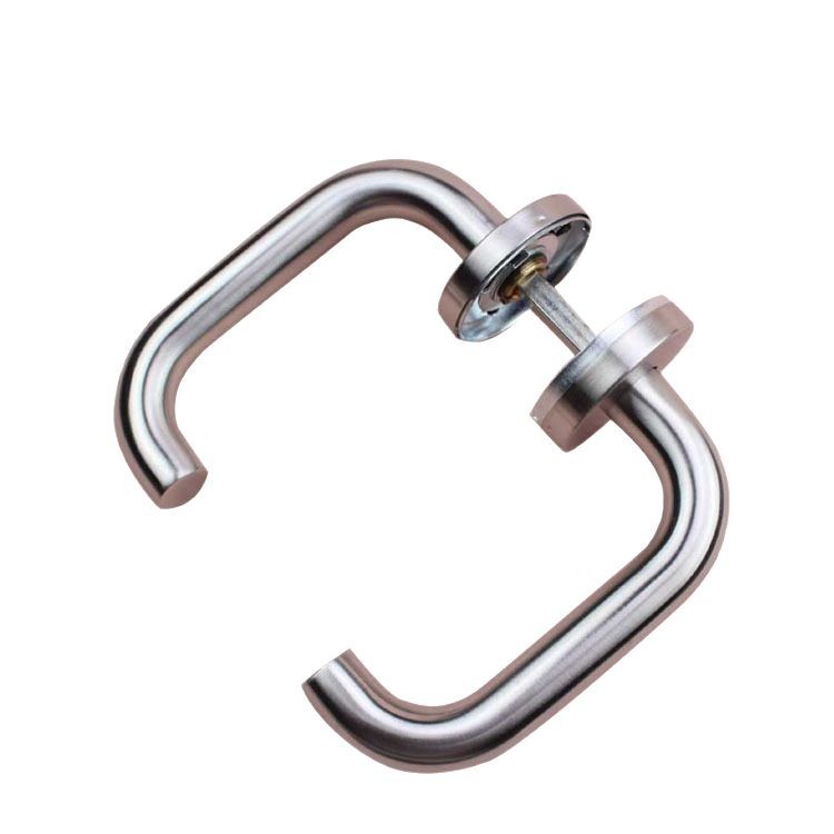Estándar europeo Acero inoxidable 304 Manija de puerta cortafuego Puerta limpia de acero Puerta médica Pasaje Manija de puerta Manija de doble codo