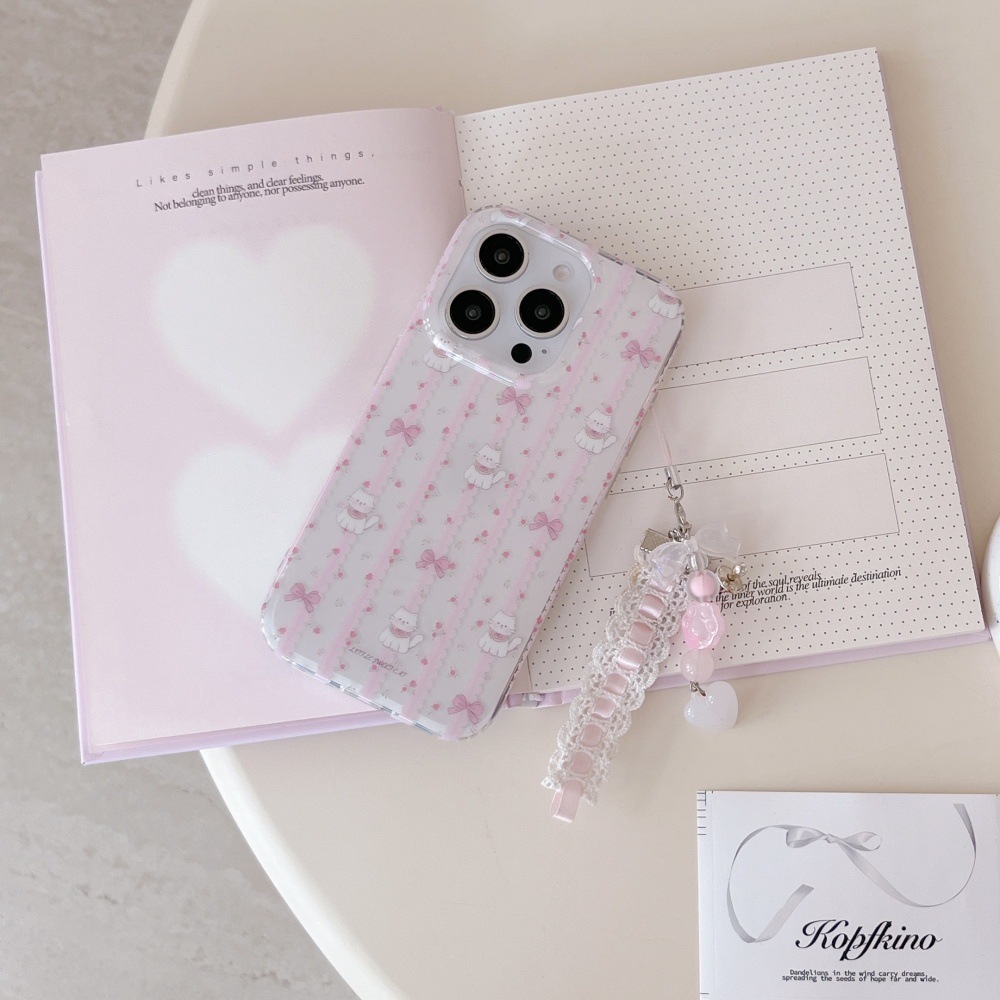 Gato con lazo floral rosa coreano para Apple 15ProMax lindo 16Pro nicho 14/13 nuevo 16
