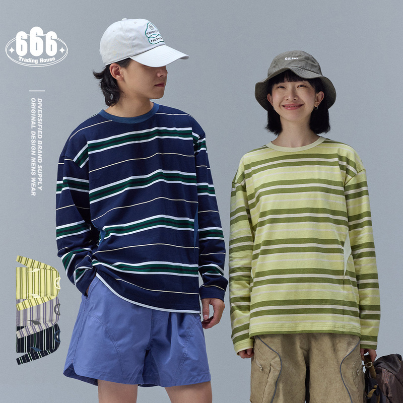 Shibuya Element American Retro Stripesd Top Round Neck Sweatshirt for Men and Women Loose Long-Sleeved T-Shirt V5284