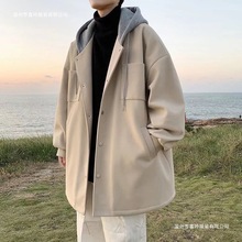 中长款毛呢大衣男秋装感连帽呢子风衣加厚潮牌情侣宽松外套