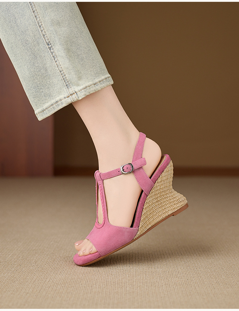 Sandal cao gót nữ hở mũi đế xuồng đan rơm, quai chữ T da lộn — Hồng, màu mơ chi tiết 8
